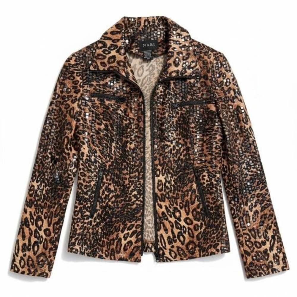 NABI Women's Leopard Print Leather Jacket